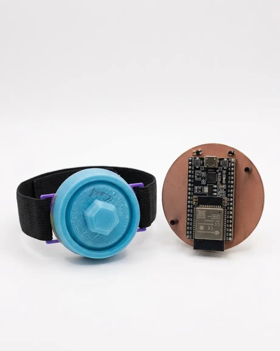 Close-up of the SonoPatch wristband and ESP32-based driver electronics.